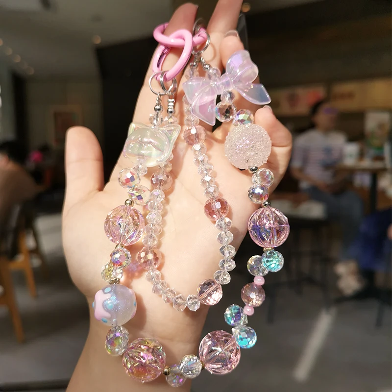 Curto Cristal Contas Penduradas Cadeia para Menina Cordão do Telefone Móvel Estilo Clip Anti-perda Telefone Case Corrente Dupla