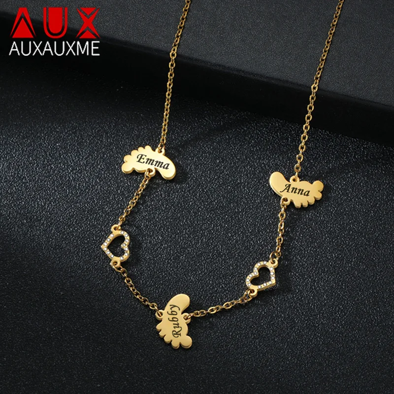 

Auxauxme Custom Heart Foot Necklace Stainless Steel White Stones Engrave Name Baby Mom Birthday Jewelry Gifts Dropshipping