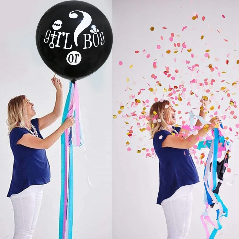 1Set 36'' Giant Boy or Girl Black Latex Balloon Blue Pink Confetti Baby Shower Globos Gender Reveal Party Decoration Supplies