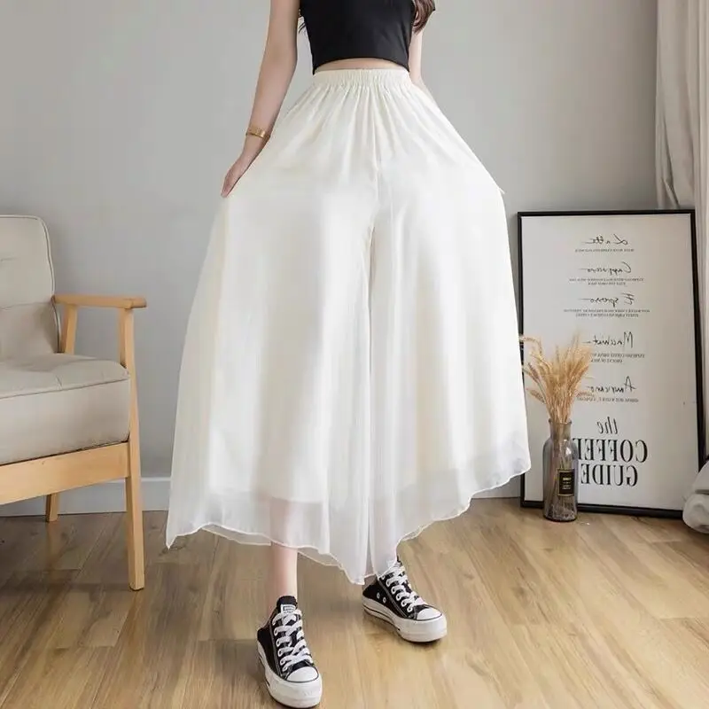 Women pants high waist summer white chiffon wide leg pants korean fashion loose soft breathable trousers Large size women pants