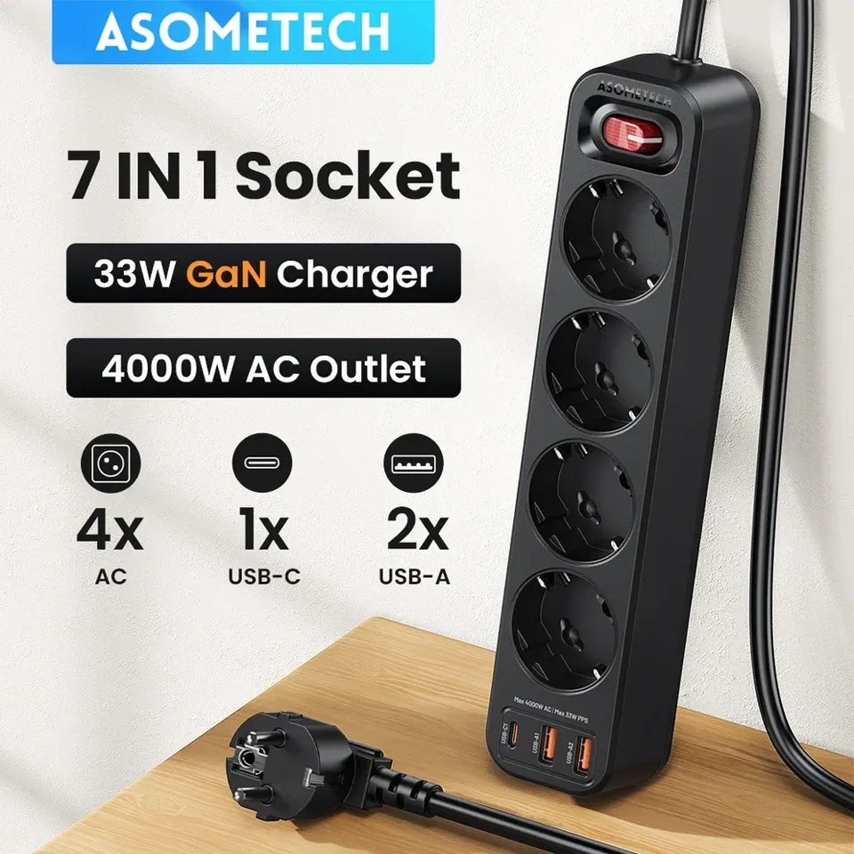  4000W EU Plug Power Strip 4AC Outlet Multi Extension with 4 USB 1.5m Cord Electrical Socket PD 33W Fast Charge Surge Protector 