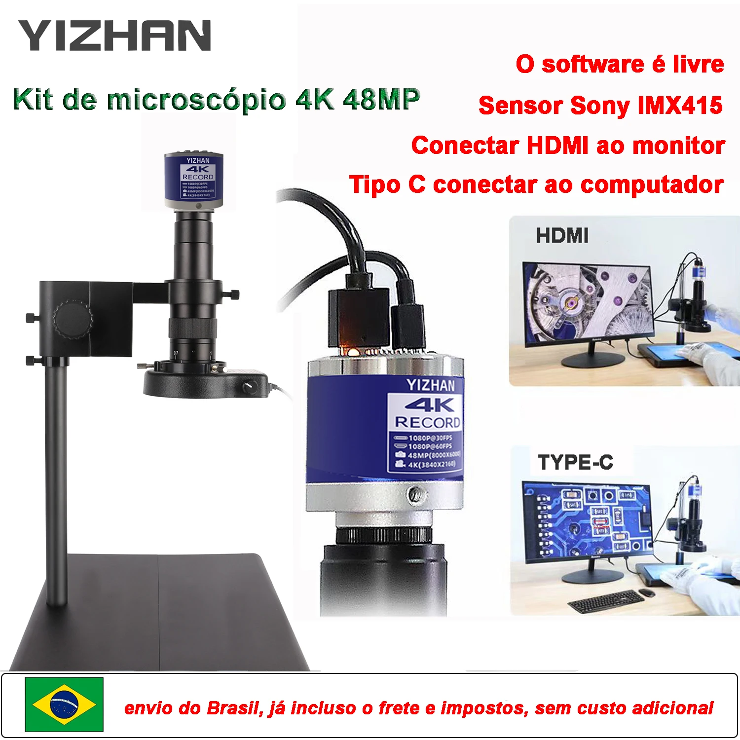 Yizhan 4k microscópio digital eletrônico 1080p hdmi usb microscópio de vídeo 150x 180x zoom para solda pcb envio do brasil, Sem Impostos