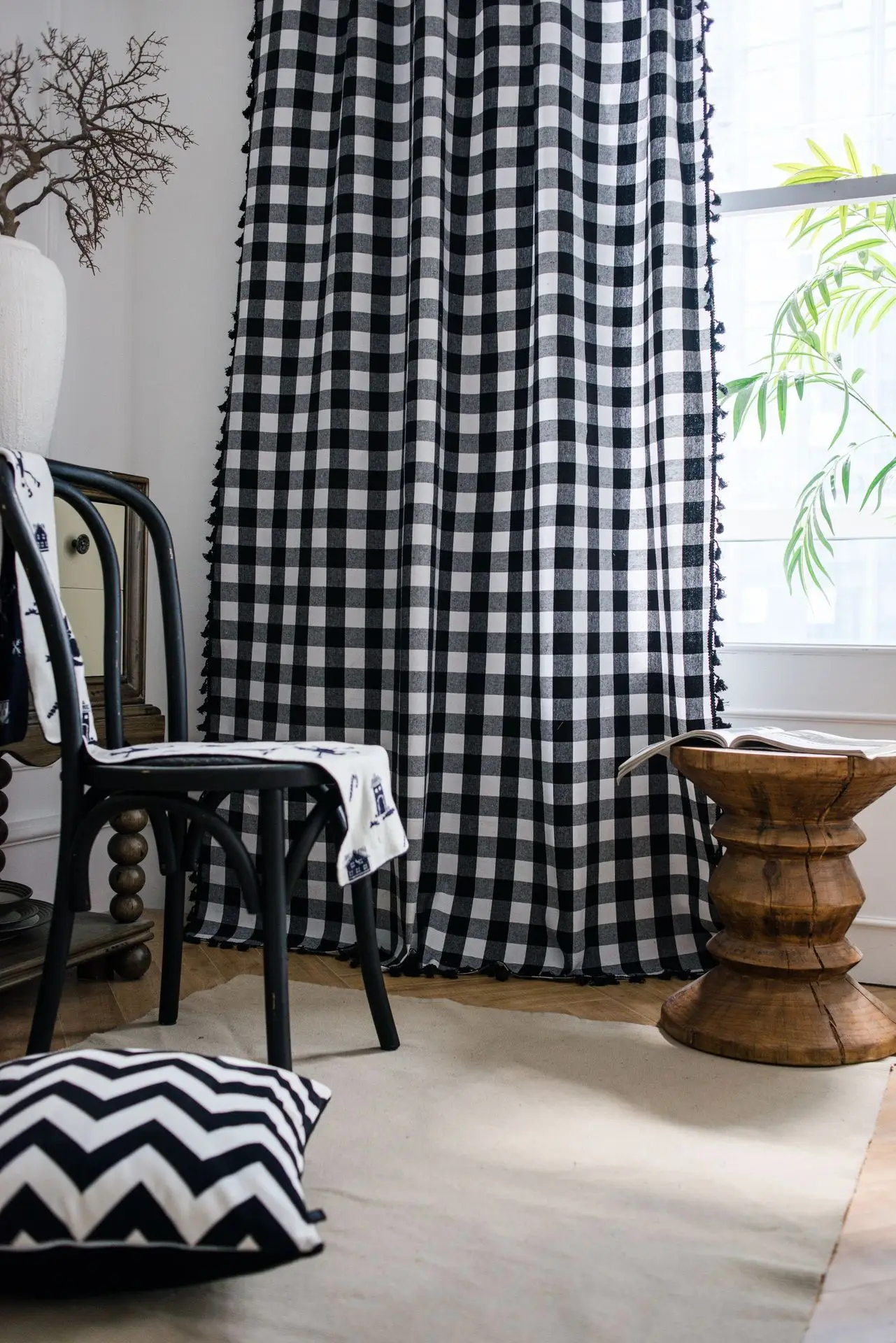 Description Picture 4 of itemSemi-Blackout Windows Vintage Curtains for Bedroom Drapes in Living Room Black and White Squares Tassel Farmhouse Home Decor