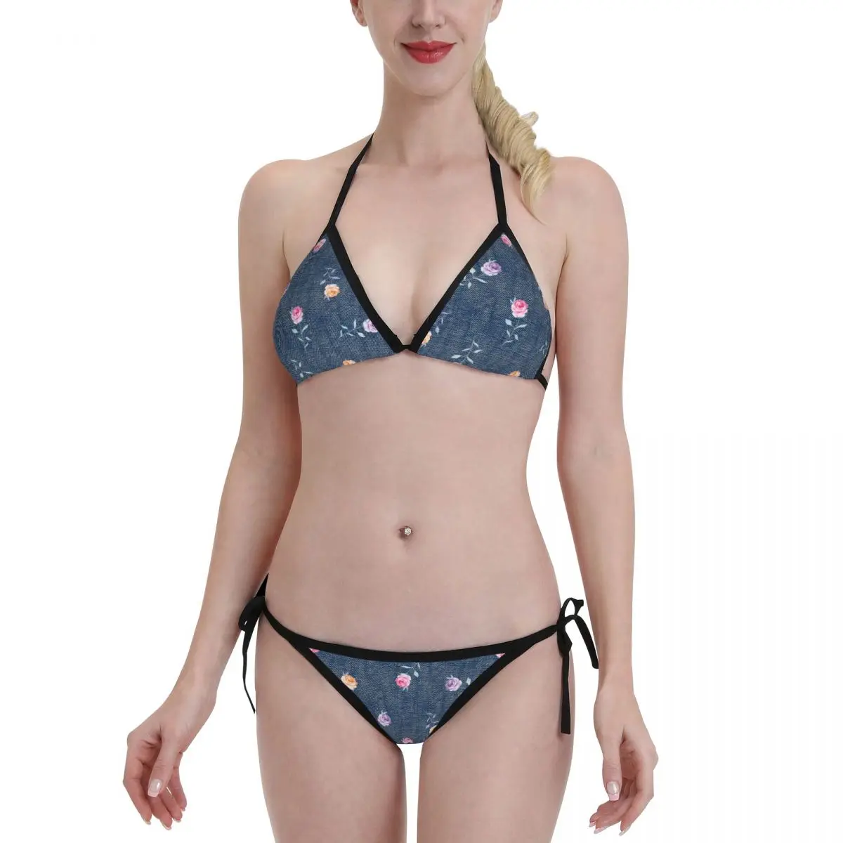 

2022 New Women Sexy Wear Bikini Sets Swimsuit Denim With Flower Pattern Beachwear Set Push Up Bather Swimming Suit