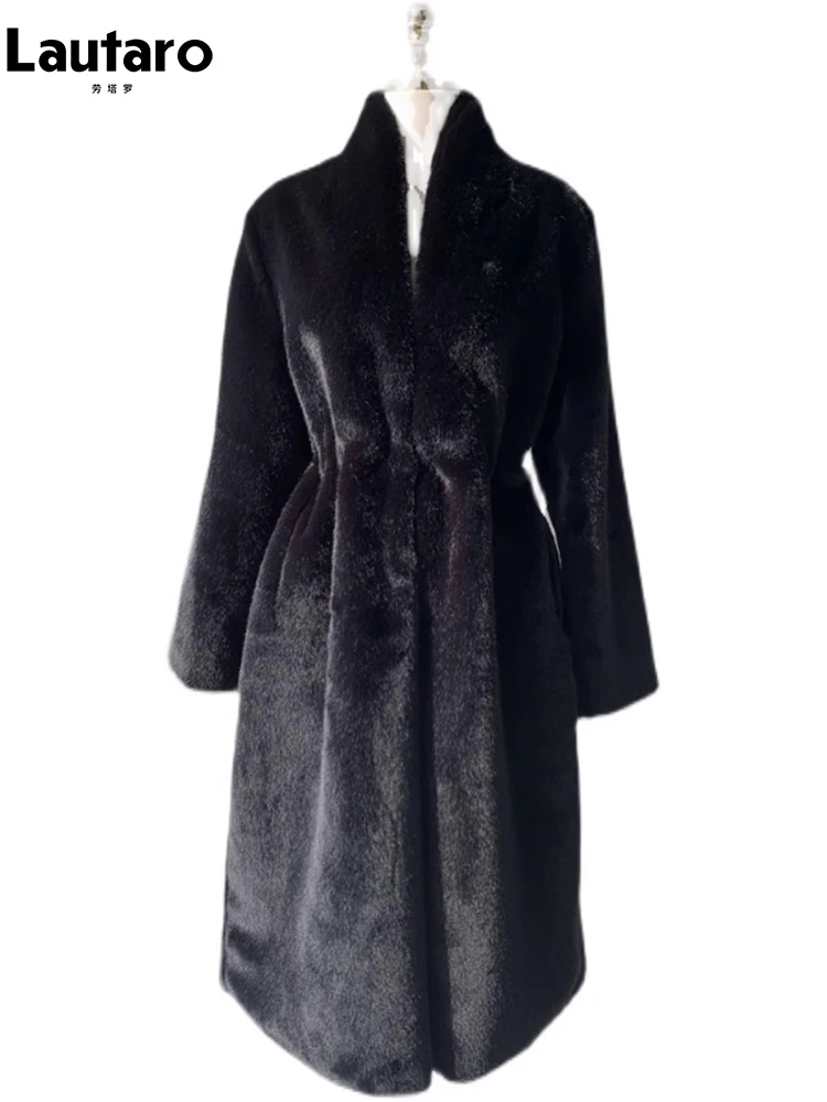 Lautaro Winter Long Black Luxury Elegant Stylish Thick Warm Fluffy Hairy Soft Faux Mink Fur Coat Women Stand Collar Sashes 2023 5