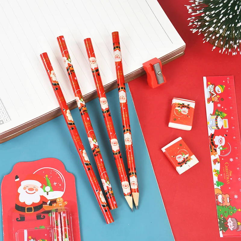 Christmas Stationery Set Kids Cartoon Pencils Eraser Ruler Sharpener Kit Office School Supplies Back To School Gift Kids Rewards