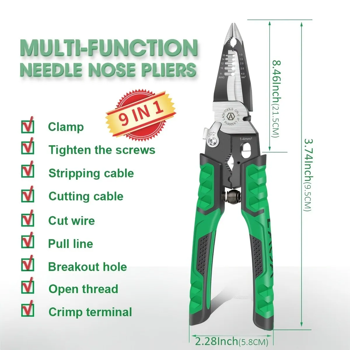 

T50 Electrician Pliers Needle Nose Pliers 9 in 1 for Clamping Screwing Wire Stripping Cable Cutting Wire Splitting