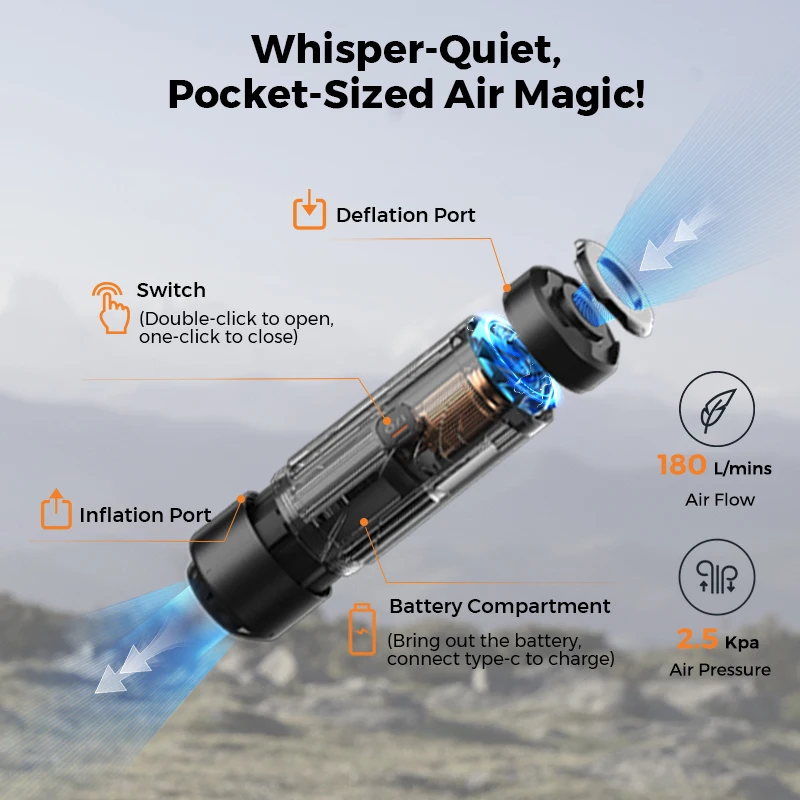 Pompe Mini Flextail ZERO Pour Matelas De Camping - Rechargeable, 6 Adaptateurs