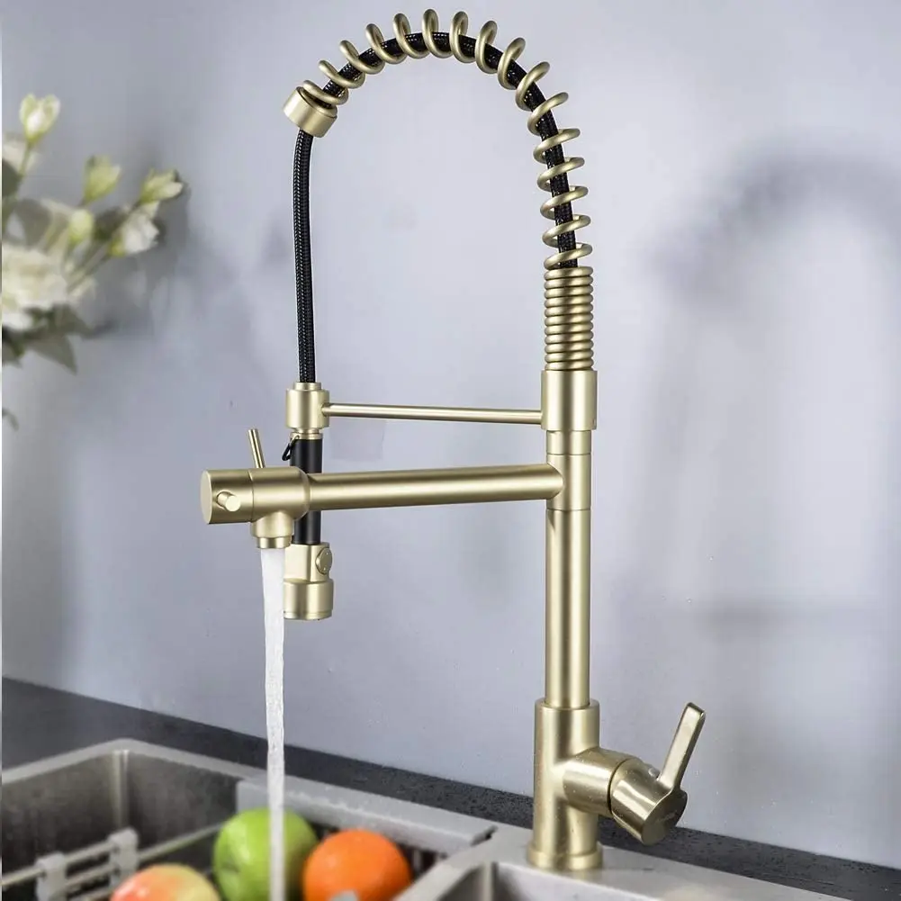 

Top Quality Brass Pre-Rinse Kitchen Faucet, High Arc Kitchen Sink Faucet Pull Down Spring Spout and Pot Filler, Brushed Gold