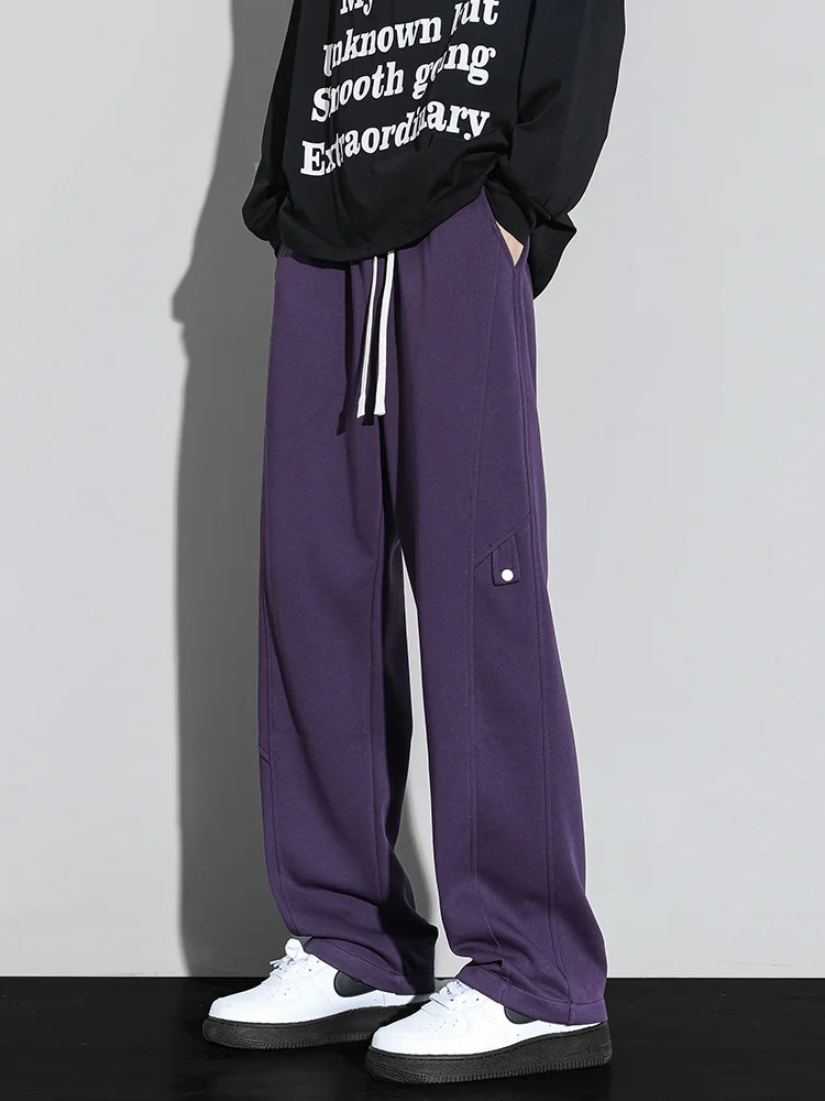 Wide Leg Pants Autumn New Men's Sweatpants Korean Fashion Solid Color String Banding Wide Leg Track Pants Straight Loose Cotton Trousers