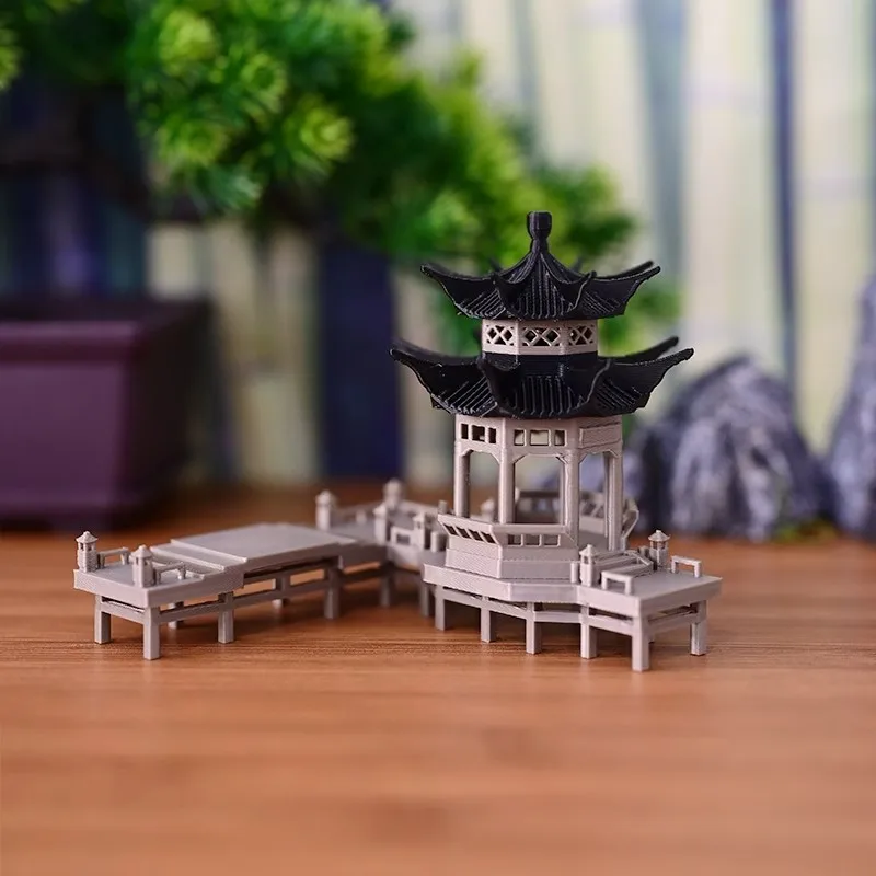 Chinese Octagonal Pavilion Miniature - Ancient Style Landscape Decor with Platform, Rockery for Aquarium,Zen Garden Display