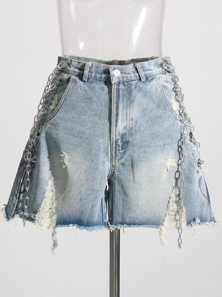 BPN Streetwear Patchwork Chain Jeans For Women High Waist Spliced Pockets Holes Chic Slimming Denim Shorts Female Fashion Style