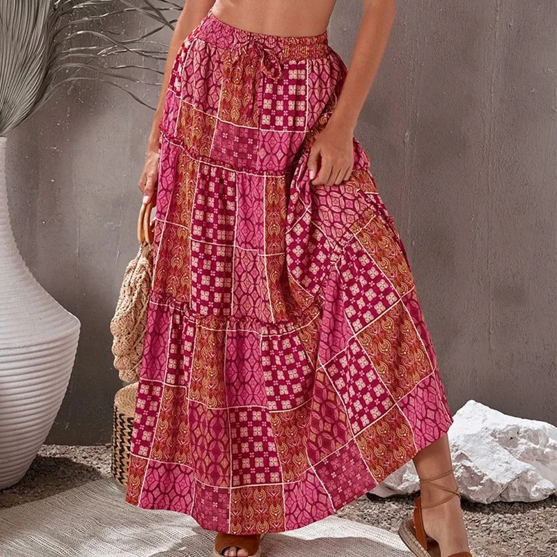 Bohemian Beach Skirt Vintage Ruffle Loose A-line Skirt Elastic High Waist Printed Summer 2025 New 8626
