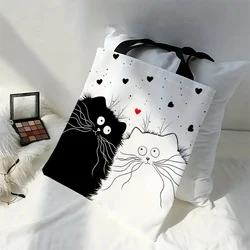 Charming Cats Print Reusable Linen Tote - Stylish & Washable Large Shoulder Bag (1)