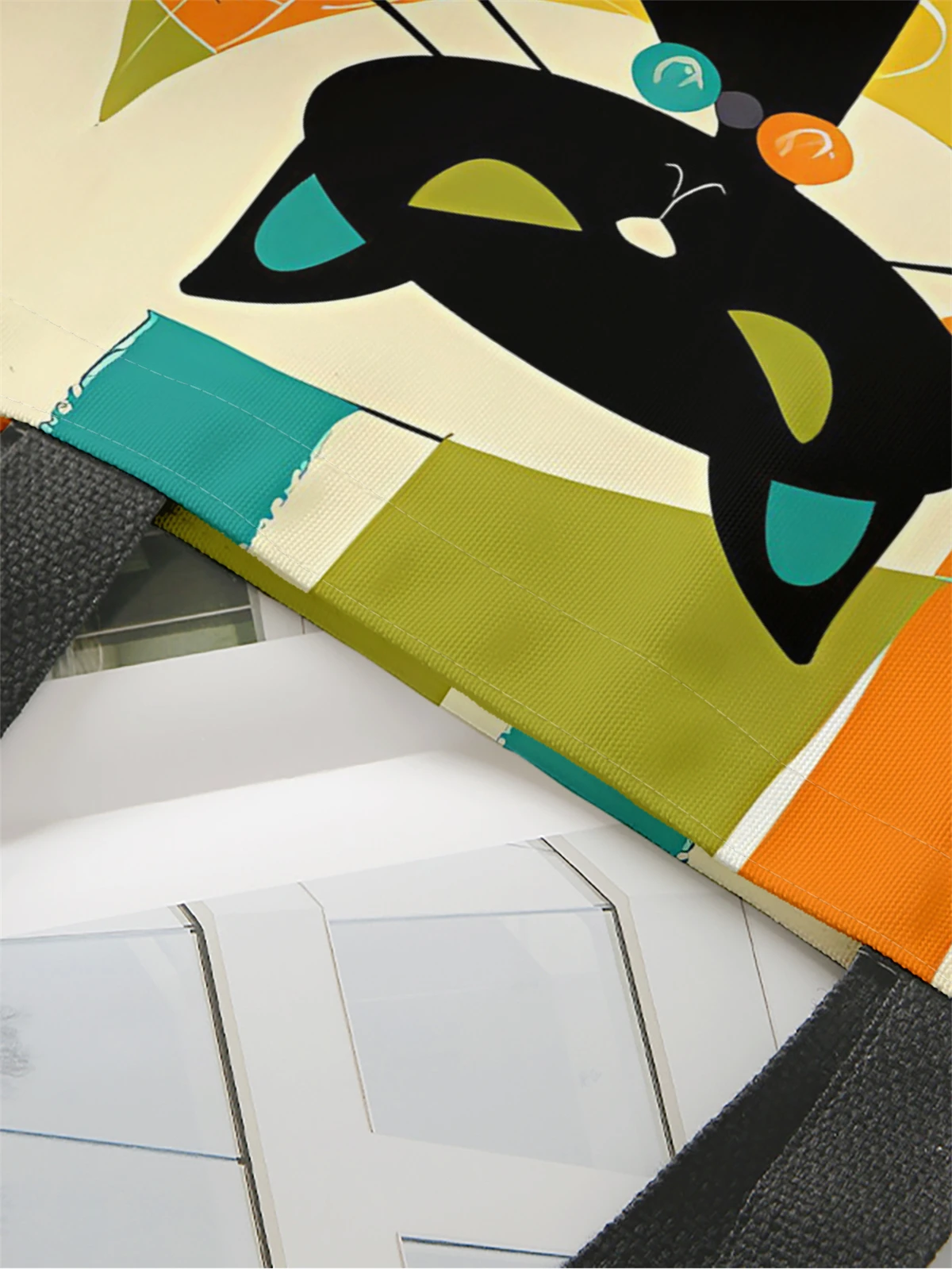 1pc,cartoon black cat handbag, reusable fashionable handbag, multifunctional handbag, printed canvas shopping bag