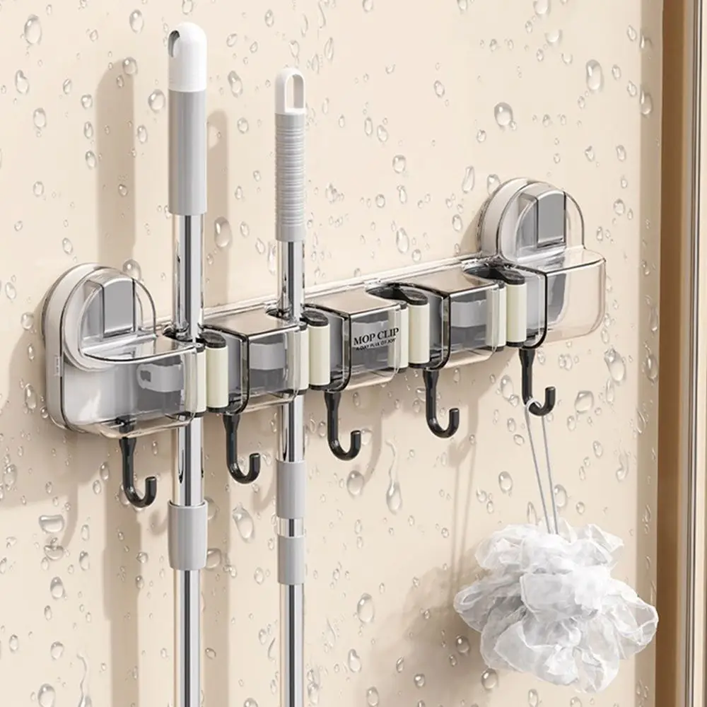 Practical Plastic Suction Cup Mop Clamp Non Punching 4 Position Mop Holder with Hook Space Saving Broom Hanger Bathroom