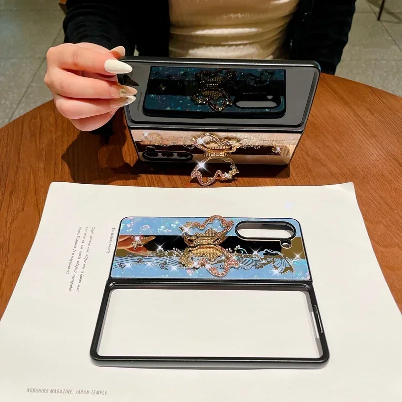 Lüks Kelebek Yüzük Stand Tutucu Telefon Kılıfı Samsung Galaxy Z Fold 6 5 4 3 Fold6 5G Darbeye Dayanıklı Arka Kapak Koruması_voghion.com