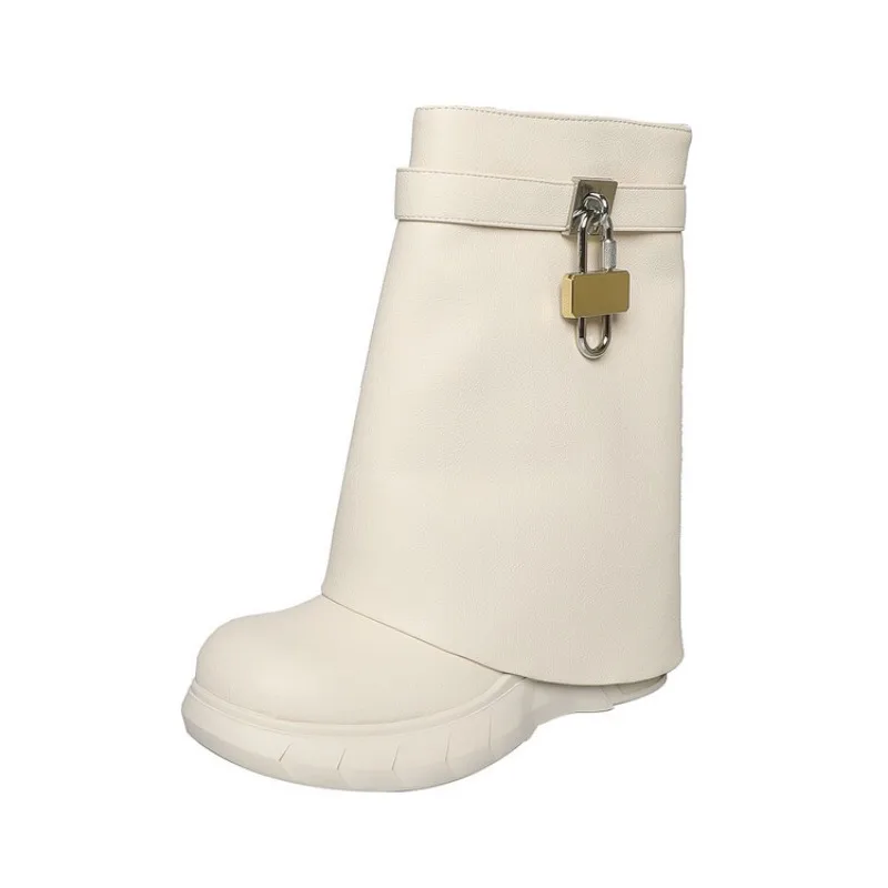 

European and American Thick Soled Leather Ankle Boots Women's Metal Lock British Style Boots Sleeve Height-thin Shark Boots L426