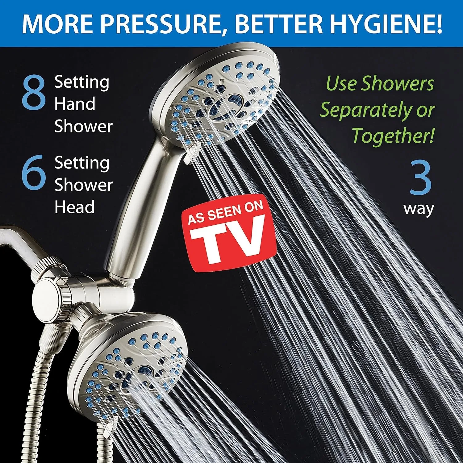 High Pressure 48-setting Rain & Handheld 3-way Shower Head Combo - Anti-clog Nozzles/Tub, Tile & Pet Power Wash/Extra Long 6 ft. 2