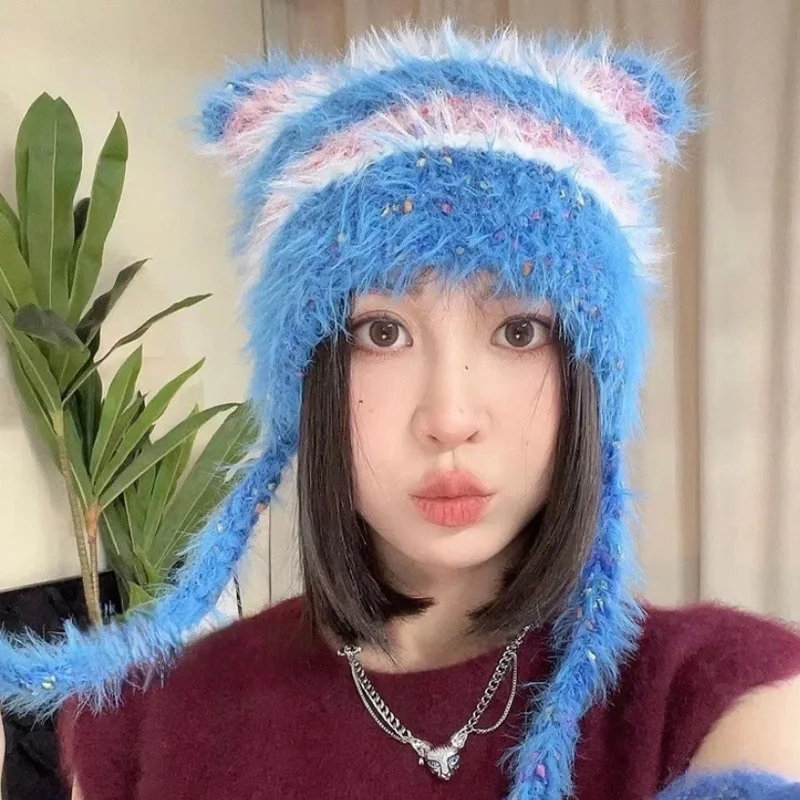 Cat Ear Contrast Stripe Splicing Handmade Colorful Dot Imitation Mink Velvet Hat Cute Little Sister Ear Protection Warm Hat 6