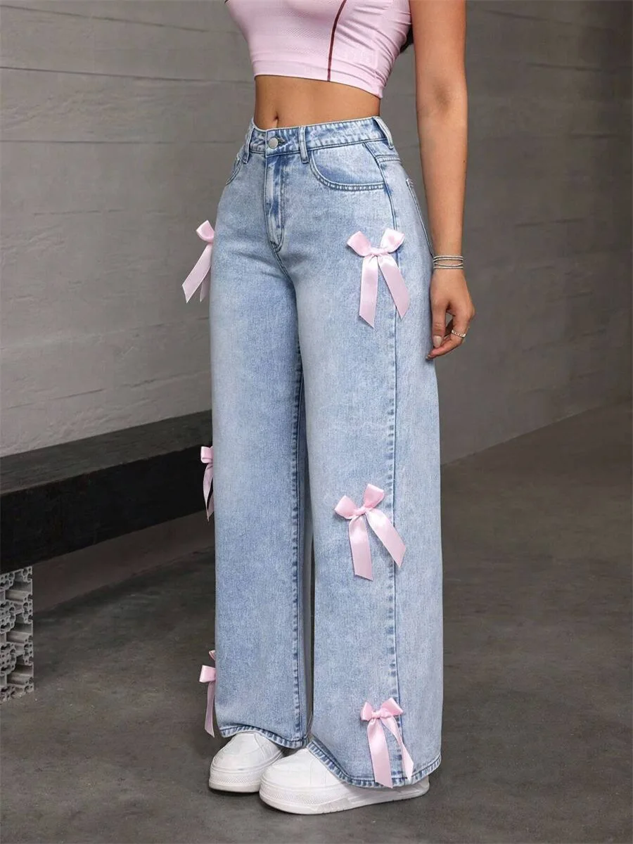 Y2K American Bow Washed Jeans Street Loose Straight Leg Wide Leg Pants 2