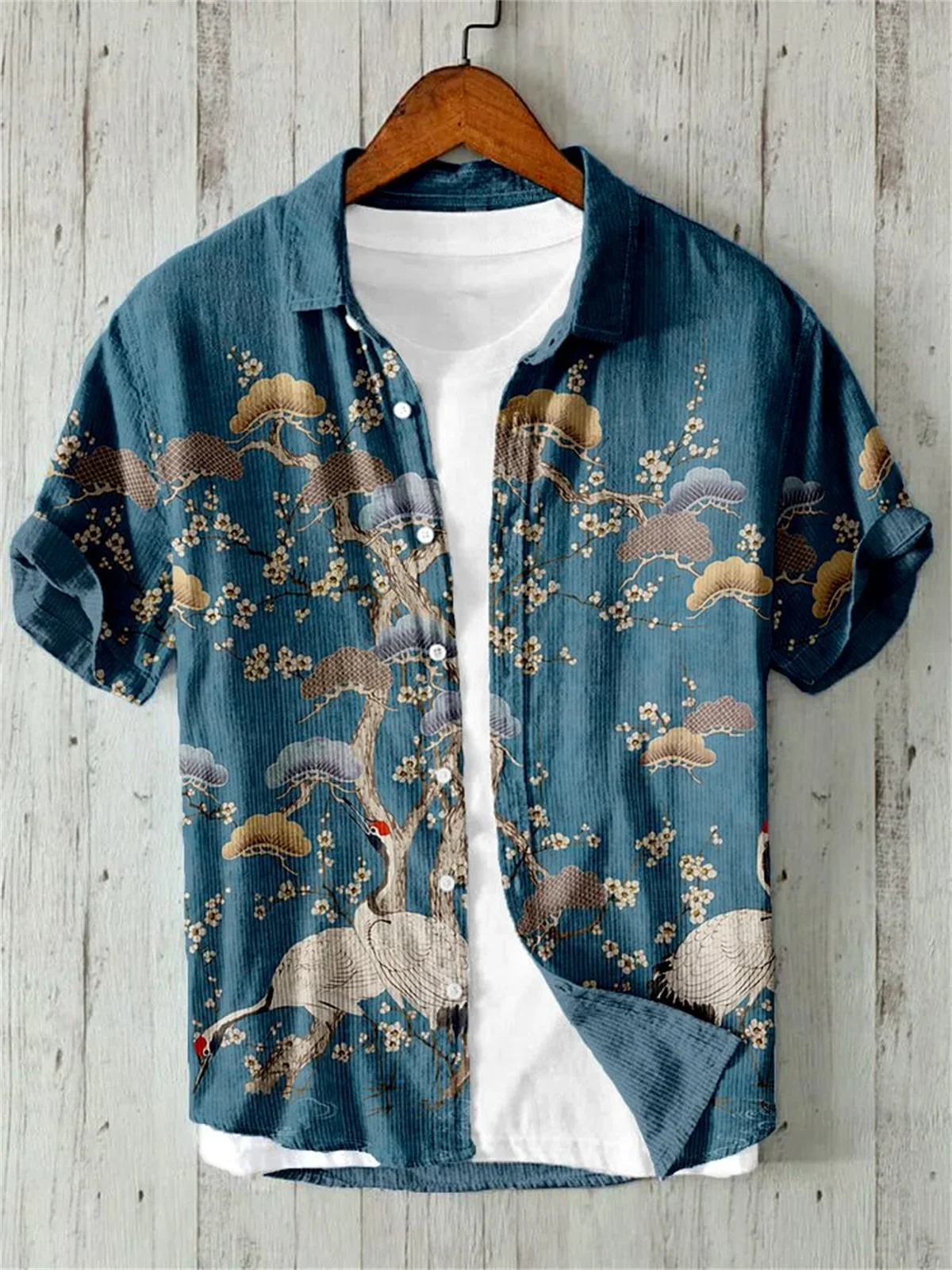 Short Sleeved Shirt Sakura Pattern Japanese Vintage Art Linen Bamboo Joint Cotton Casual Hawaiian Vacation