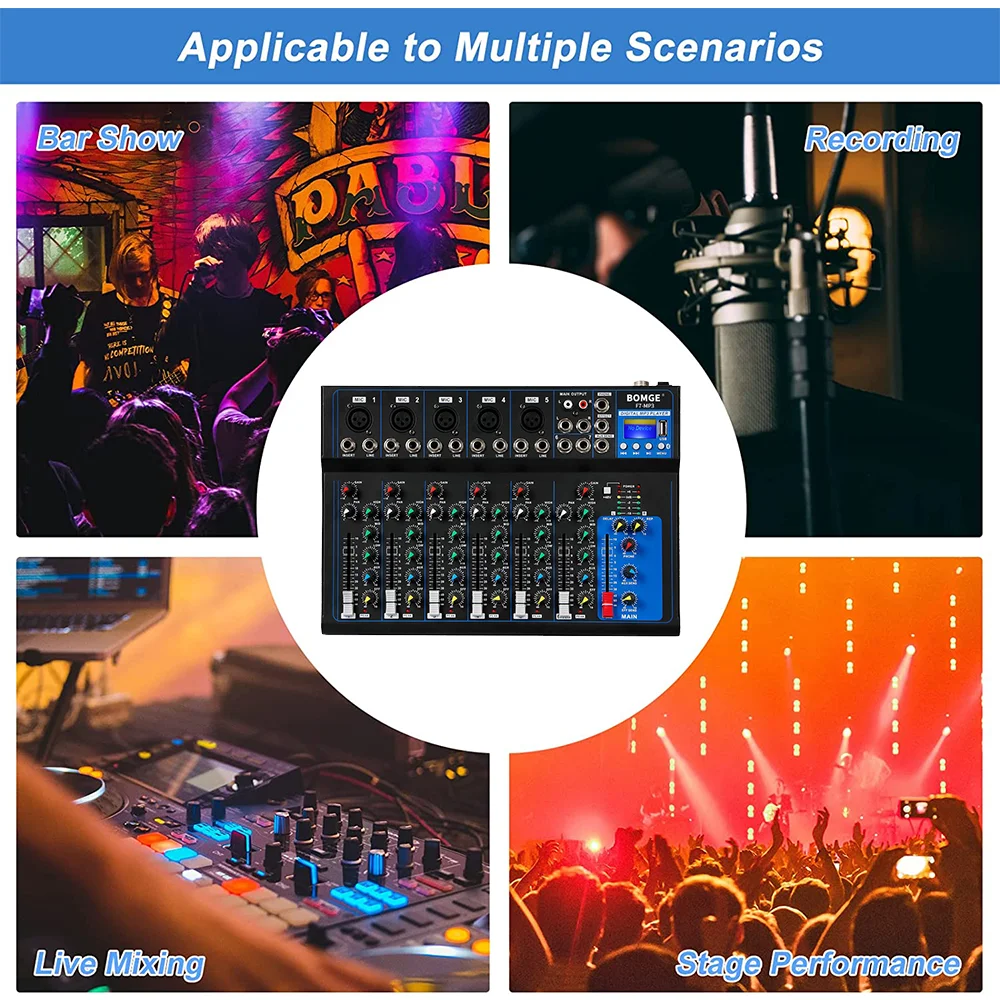 F7 7 Channel Bluetooth Portable Audio Mixer USB DJ Sound Mixing Console MP3 Jack 48V Power for Computer Recording Mixing BOMGE