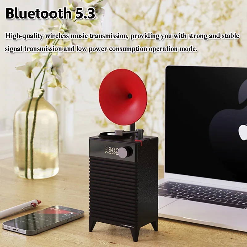 High-quality Modern Bluetooth 5.3 Speaker Home LED Clock Subwoofer Retro Vinyl Record Ornament Music Box Creative Christmas Gift