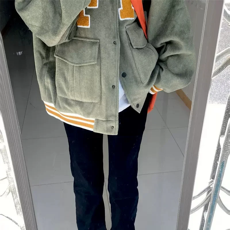 Green Woolen Coat Women's 2022 Autumn and Winter Thickened Loose All-match American Retro High Street Jacket Baseball Uniform X2