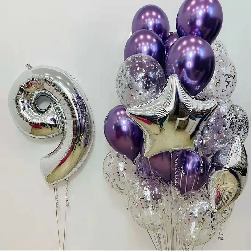 

Для взрослых детей фиолетовая тематическая вечеринка на день рождения украшения воздушный шар Свадьба юбилей событие партии поставки серебро количество конфетти шары