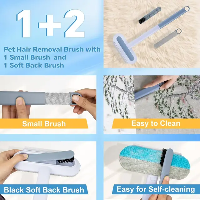 4-in-1 long handled pet hair removal brush with adjustable length, washable, reusable cat and dog hair remover 4