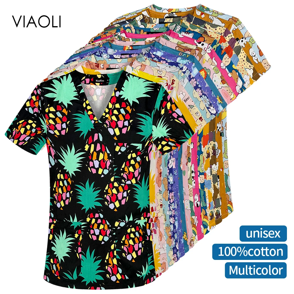 

Short Sleeved V Neck Shirt Women Printed Scrubs Tops Beauty Salon Spa Uniforms Men Hospital Medical Nurse Work Tops Lab Unifrom