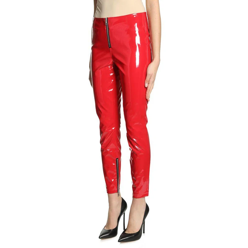 Women's High Waist Shiny Patent Leather Pencil Pants, Casual PU Leather Trousers, Slim Stretch Bodycon Pants, Pocket Fashion