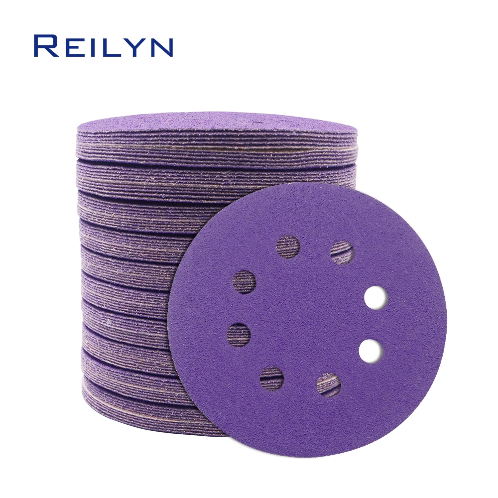 100pcs 5inch 8-hole Purple Sandpaper Polishing Wheel Sand Paper Polishing Pad 125mm Flocked sandpaper tray Car Wood Sanding Disc