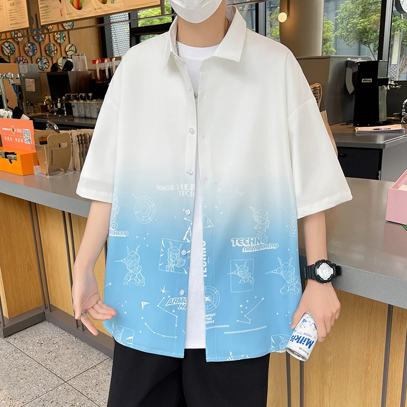 Oversized Loose Fitting American Style Fried Street Fashion Print New Personalized Mens Shorts Casual Shirts For Summer