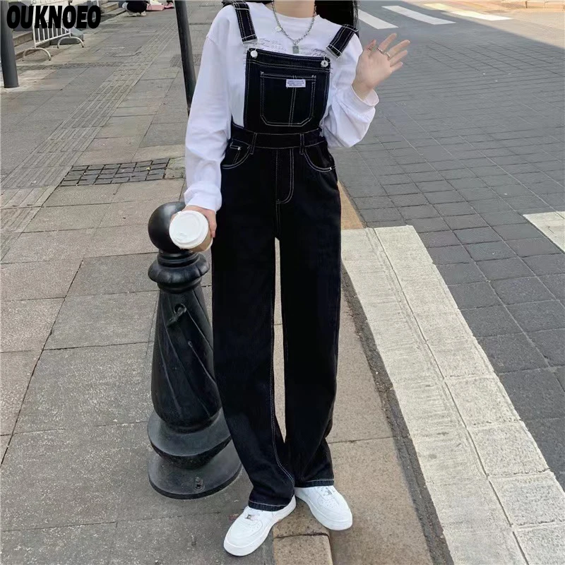 Women's Denim Overalls Black Straight Wide Leg Jumpsuits 2022 Korean Streetwear Loose High Waist Summer Thin Jumpsuits Woman