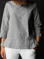 ZANZEA Stylish Women O Neck 3/4 Sleeve Blouse Autumn Striped Shirt Elegant Ruffles Work Blusas Casual Holiday Tops Tunic Chemise - Image 4