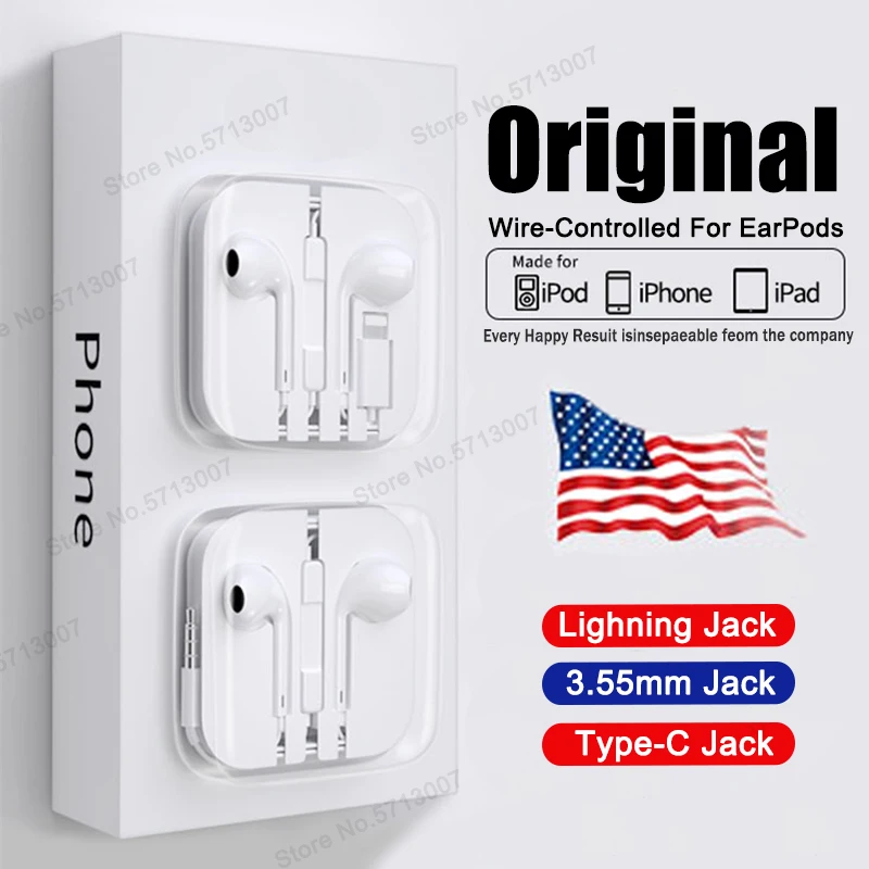 За Apple EarPods Оригинални кабелни слушалки за iPhone 14 11 12 13 Pro Max 7 8 Plus X XR XS Телефон Слушалки Слушалки Аксесоари