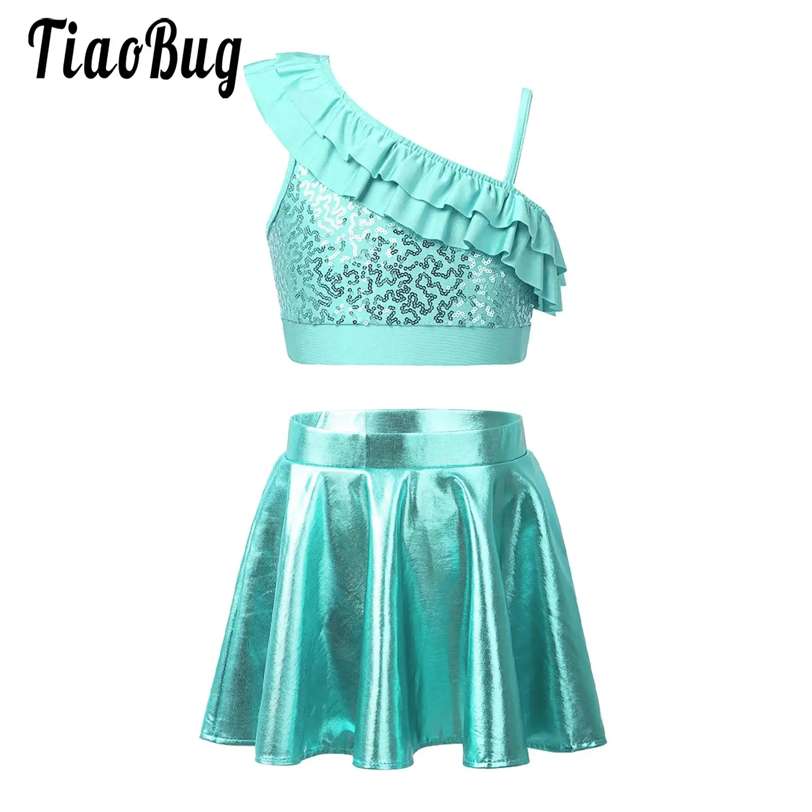 

Kids Girls Street Modern Dance Performance Costume Sleeveless Sequin Ruffles Crop Top and Flared Skorts Skirt Cheerleader Outfit