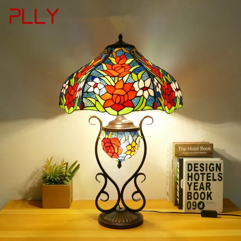 

PLLY Tiffany Table Lamp American Retro Living Room Bedroom Lamp Luxurious Villa Hotel Stained Glass Desk Lamp