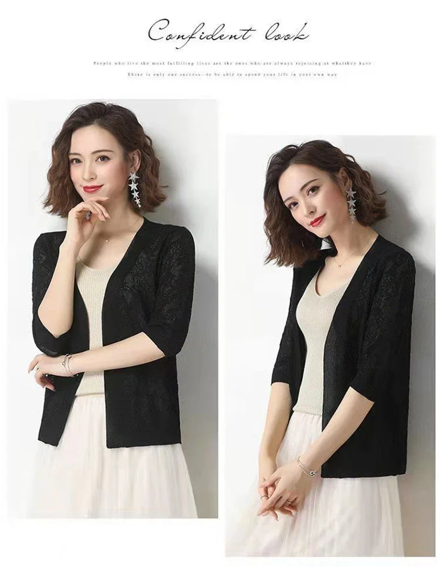 Summer Oversized Knit Cardigan Jackets Half Sleeve Lace Knitwears Coats Korean Elegant Trendy Hollow Out Sunscreen Tops