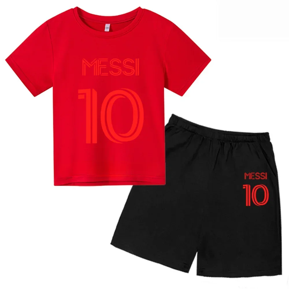 Nueva camiseta y pantalones cortos con estampado de Messi para niños y adolescentes, conjunto de 2 piezas, ropa de fútbol para niños y niñas, traje deportivo de moda de manga corta de verano
