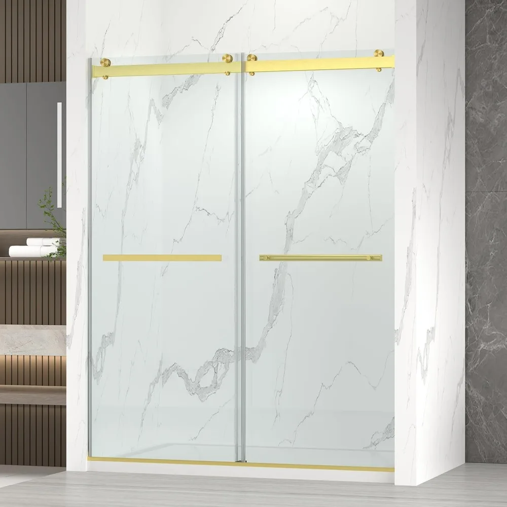 56-60” x 76” Frameless Shower Door, 5/16"Clear SGCC Tempered Glass, Bathroom Dual Sliding Shower Doors, Brushed Gold Shower Door 2
