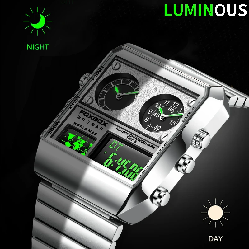 Dual Display Quartz Herrklockor Military Luminous Sports Man Armbandsur Stålband Vattentät manlig klocka_voghion.com