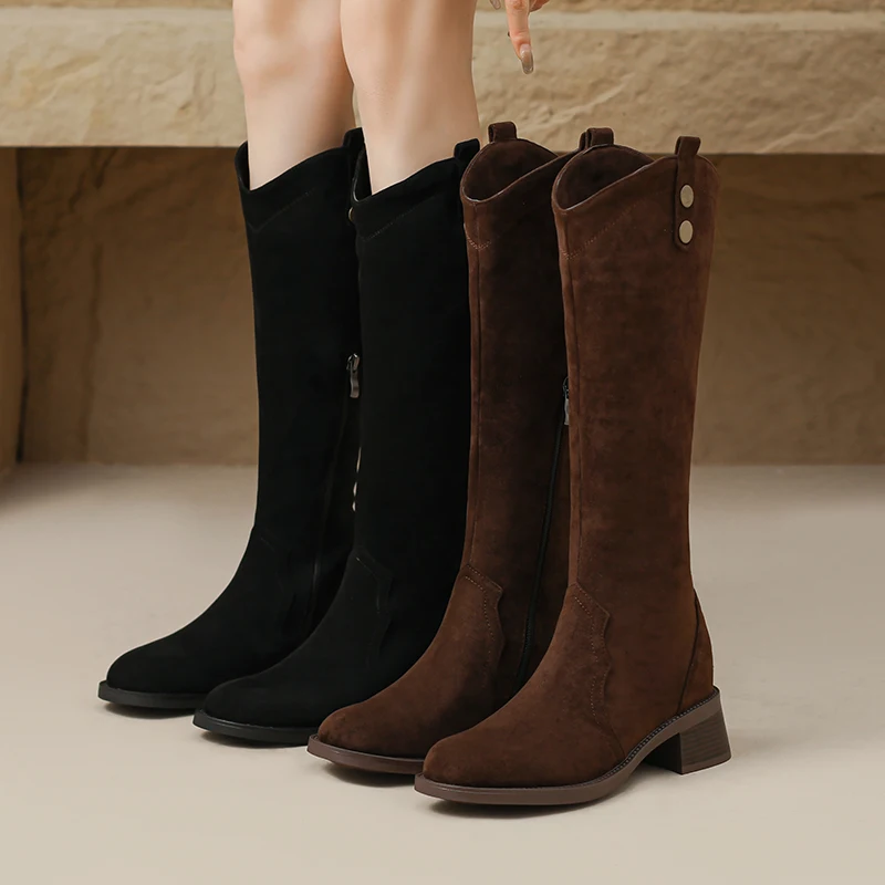 Kcenid Women's Boots Trend 2023 High Quality Sueded Comfortable Heeled Zipper Boots Vintage Knee-High College Style Shoes Woman