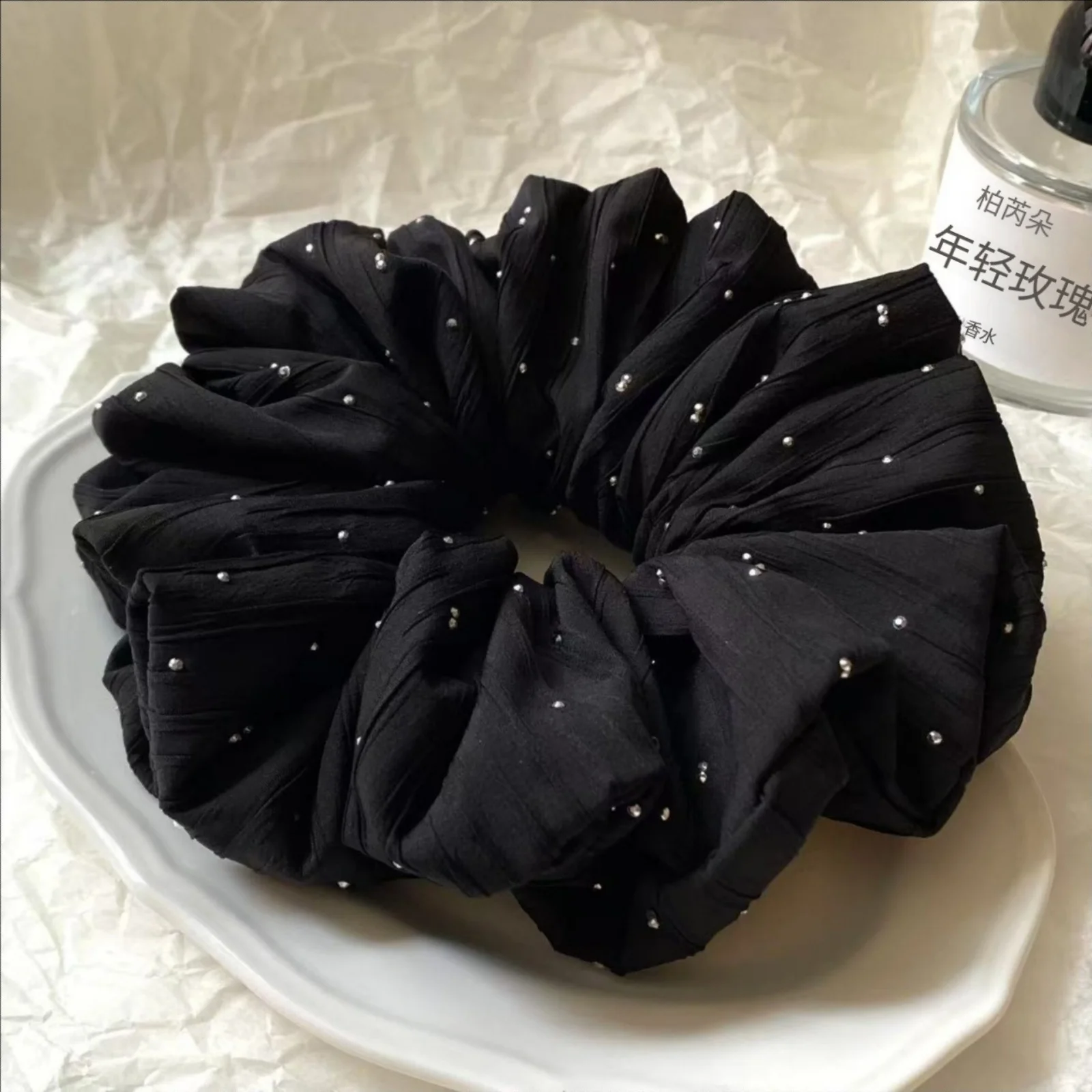 1PCWomen's Autumn Winter Rhinestone Embellished Black Scrunchie Elegant Hair Accessory Elastic Hair Band Stylish Hair Decoration