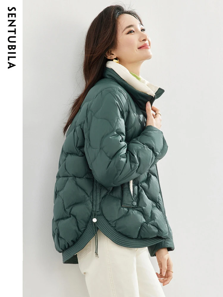 SENTUBILA Women's Loose Warm Down Jacket 2023 Winter Crop White Duck Down Coat Contrast Stand Collar Puffer Jackets W34Y49917