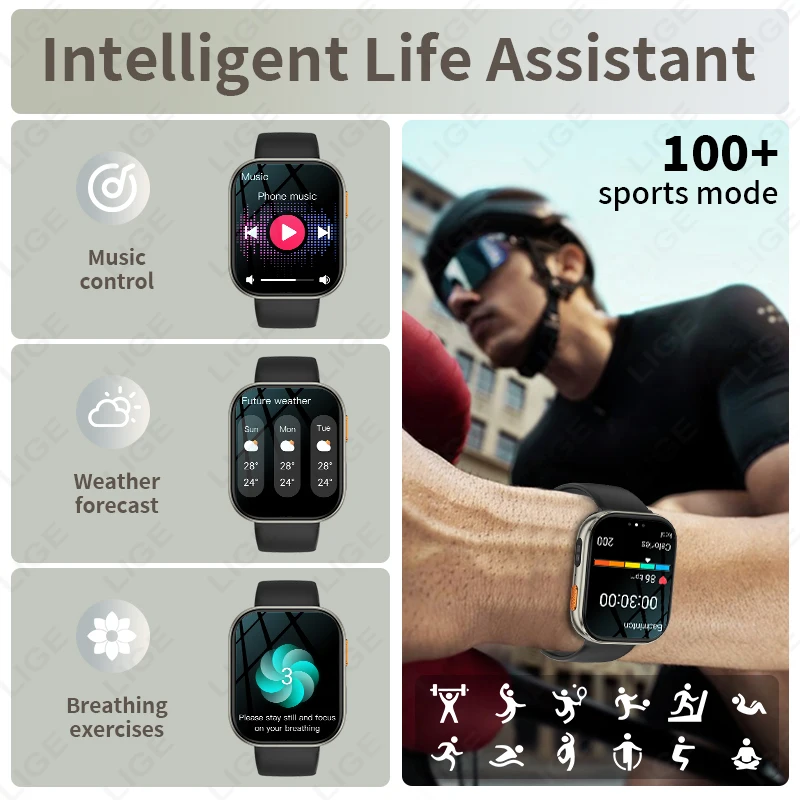 LIGE Men Women 1000mAh Battery Smartwatch LED Flashlight Waterproof Heart Rate Sports Bluetooth Call Smart Watch For iOS Android