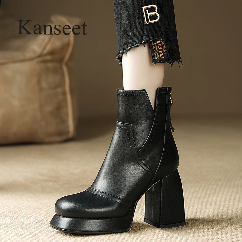 

Kanseet Platform Women Shoes Fashion Designer Short Boot 2023 Autumn Winter Genuine Leather High Heels Lady Ankle Boots Sizes 40