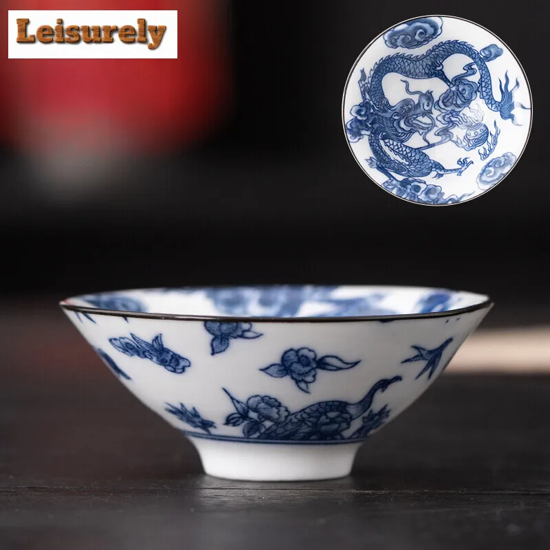 60ML Blue and White Porcelain Tea Cup Handmade Dragon Phoenix Fish Pavilion Chinese Kungfu Teacup Ceremony Teaware Master Cups